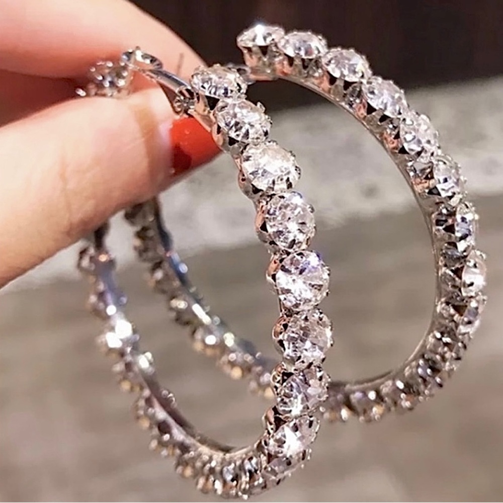 Xmas Special - Round Diamond Silver Hoop Earrings
